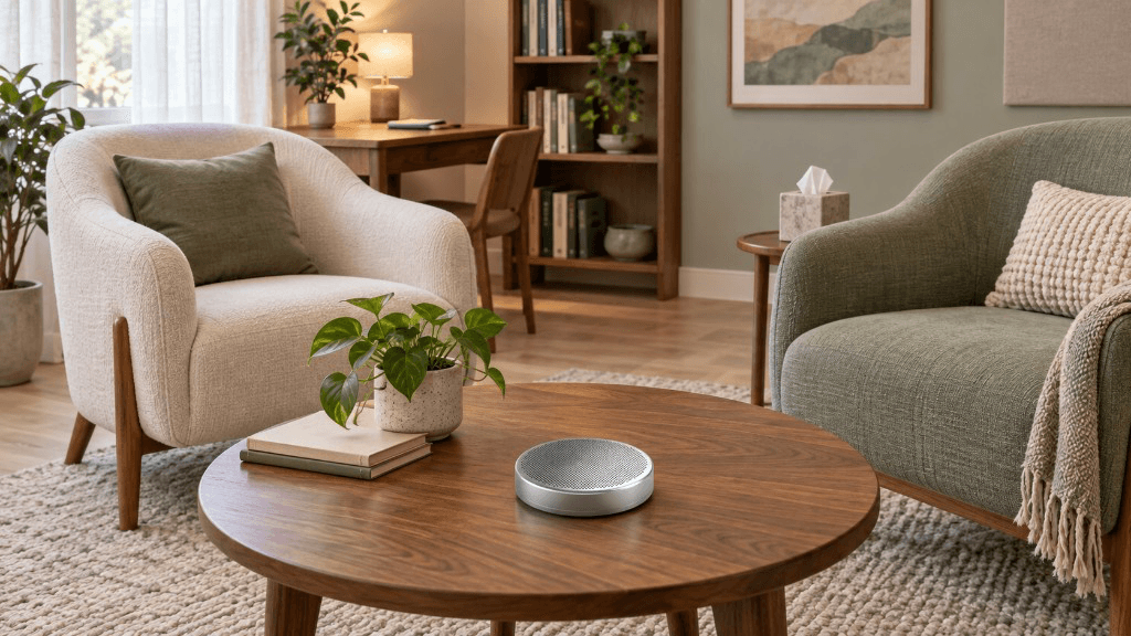 Sono posé sur une table basse, entre deux fauteuils dans un salon